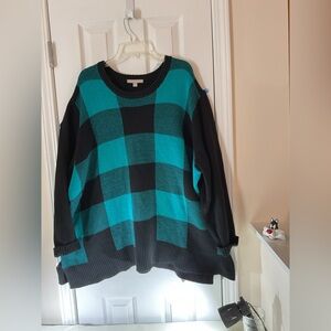 Woman Within Teal and Black Buffalo-Check Crewneck Sweater Warm Comfy Stretchy
